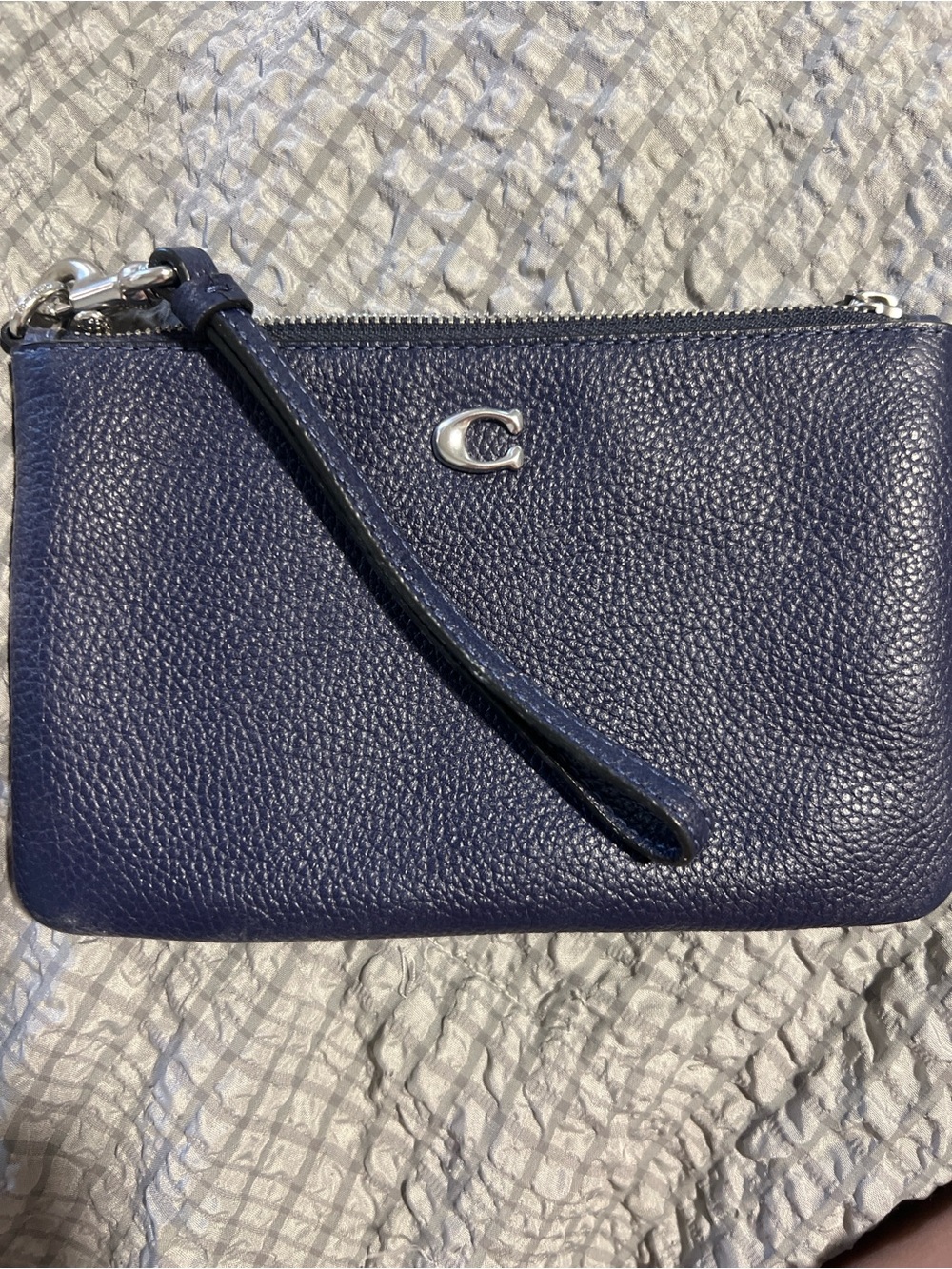 Coach Navy Pebbled Leather Wristlet with Silver 'C'